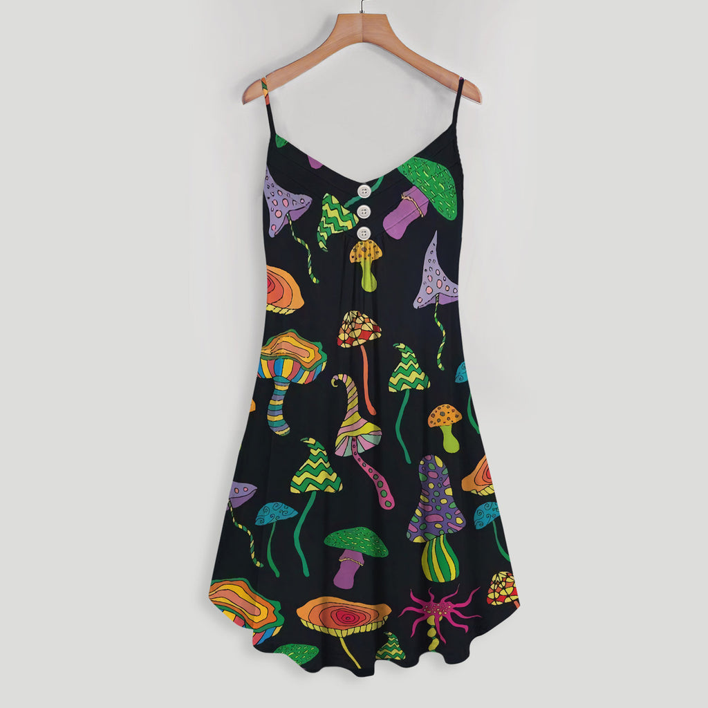 Psychedelic Mushroom Spaghetti Strap Summer Dress | Sleeveless V Neck Mini Dress | Sundress