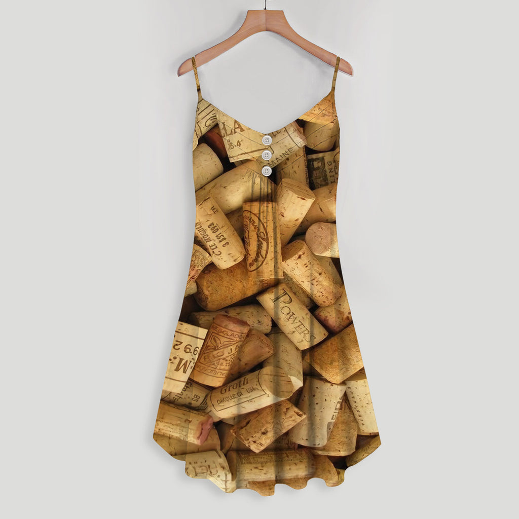 Wine Cork Spaghetti Strap Summer Dress | Sleeveless V Neck Mini Dress | Sundress