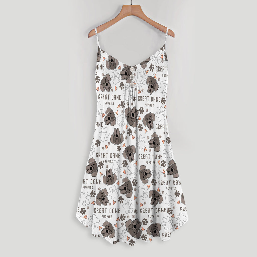 Great Dane Puppy Face And Cute Paws Spaghetti Strap Summer Dress | Sleeveless V Neck Mini Dress | Sundress