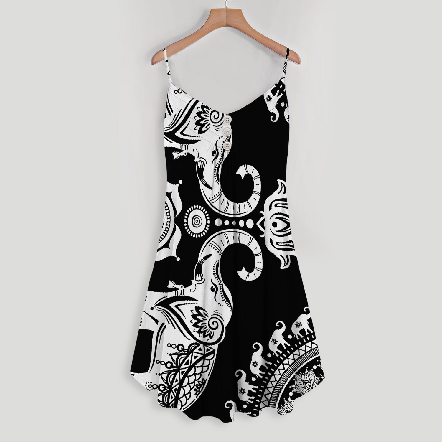 Black Elephant Mandala Area Spaghetti Strap Summer Dress | Sleeveless V Neck Mini Dress | Sundress