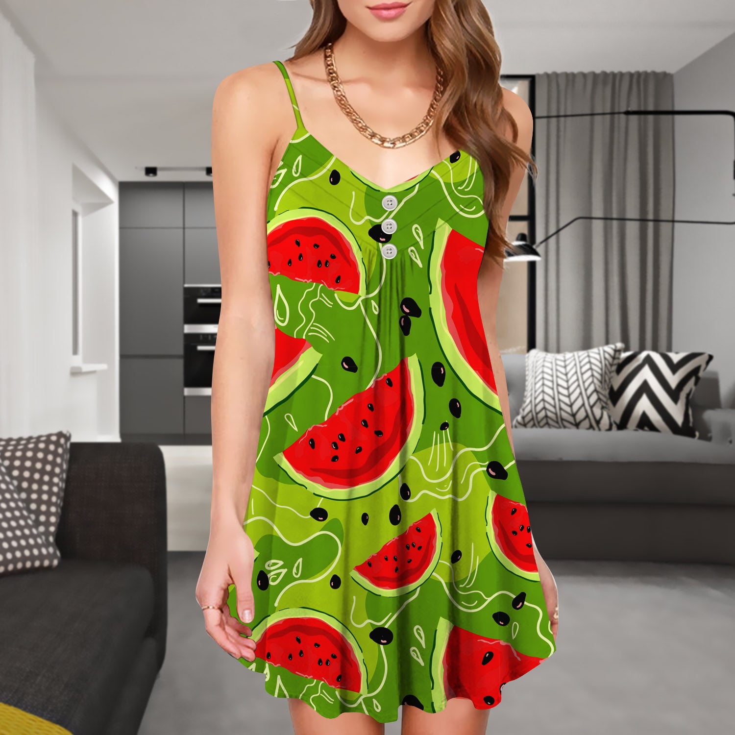Yummy Watermelon Pieces Spaghetti Strap Summer Dress | Sleeveless V Neck Mini Dress | Sundress