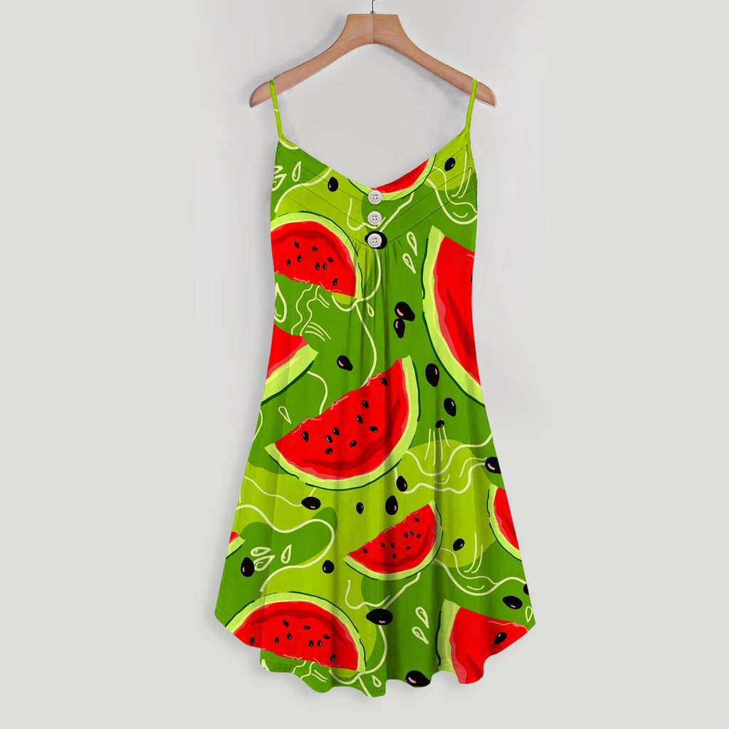 Yummy Watermelon Pieces Spaghetti Strap Summer Dress | Sleeveless V Neck Mini Dress | Sundress